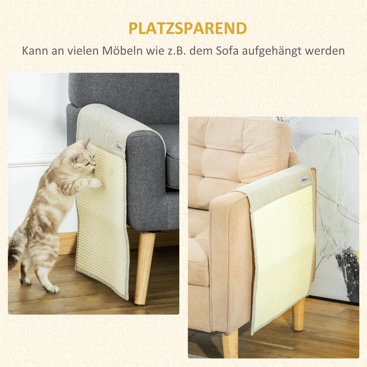 Scratching Mat Set Of 2 Sofa Protection For Cats, Sisal Scratching Mat, Beige + Gray, 130X45X0.3Cm, For Armchair & Couch