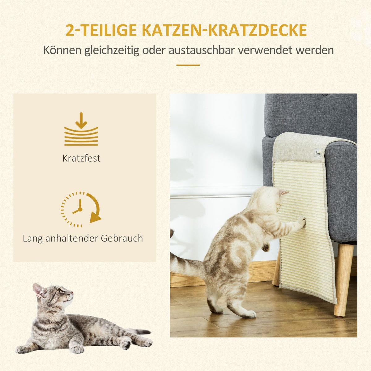 Scratching Mat Set Of 2 Sofa Protection For Cats, Sisal Scratching Mat, Beige + Gray, 130X45X0.3Cm, For Armchair & Couch