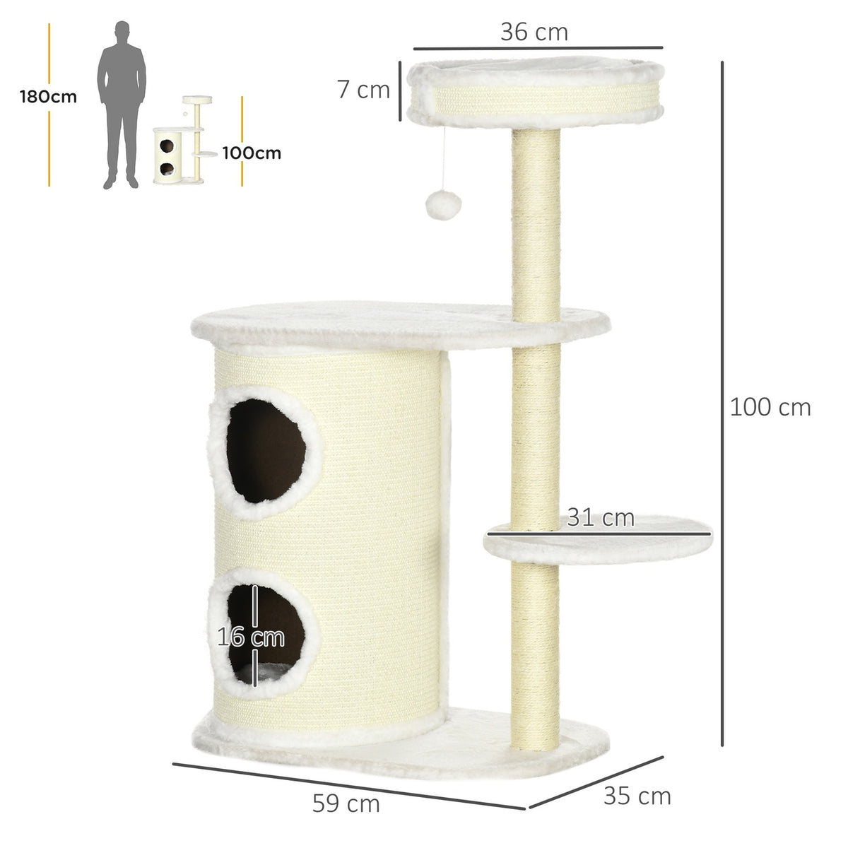 Scratching Post 100Cm With Scratching Barrel, Sisal Column & Play Ball, Cushion, Cream White