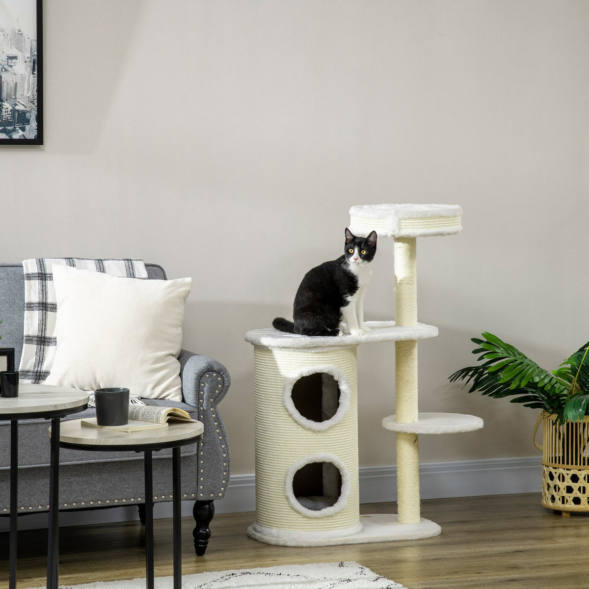 Scratching Post 100Cm With Scratching Barrel, Sisal Column & Play Ball, Cushion, Cream White