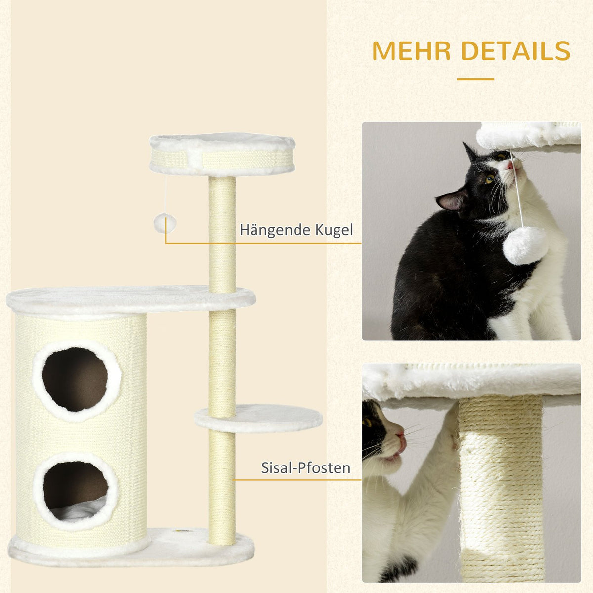 Scratching Post 100Cm With Scratching Barrel, Sisal Column & Play Ball, Cushion, Cream White