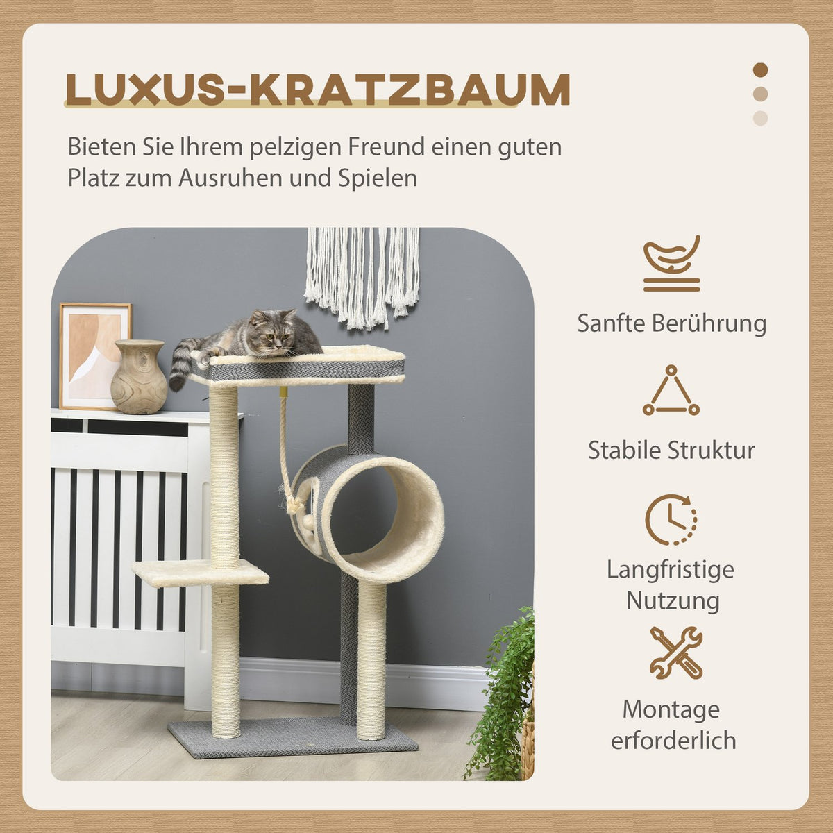 Scratching Post 104Cm With Play Ball & 2 Lying Areas Cat Tree For Cats Up To 5Kg, Sisal, Grey