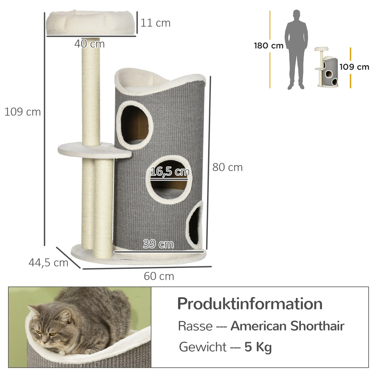 Scratching Post 109Cm Cat Tree With Scratching Barrel & Cat Bed, Sisal Columns, White + Gray