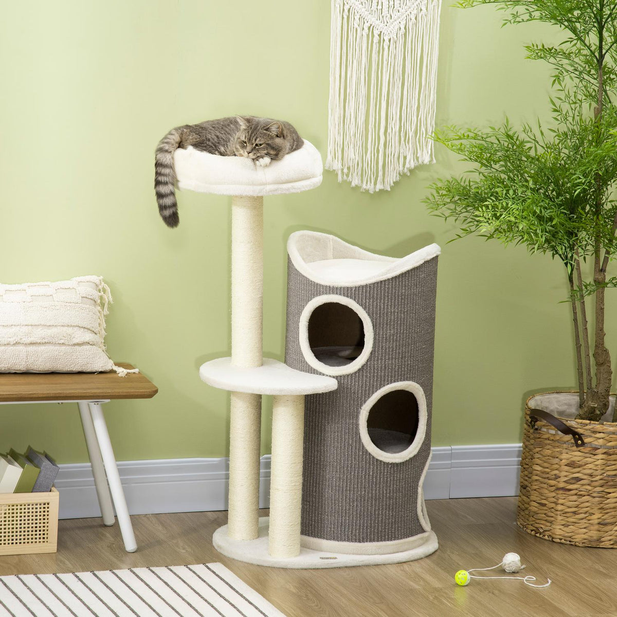Scratching Post 109Cm Cat Tree With Scratching Barrel & Cat Bed, Sisal Columns, White + Gray