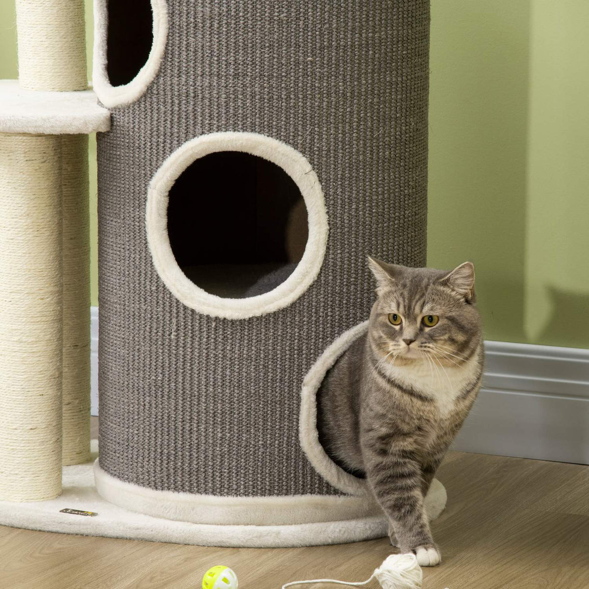 Scratching Post 109Cm Cat Tree With Scratching Barrel & Cat Bed, Sisal Columns, White + Gray