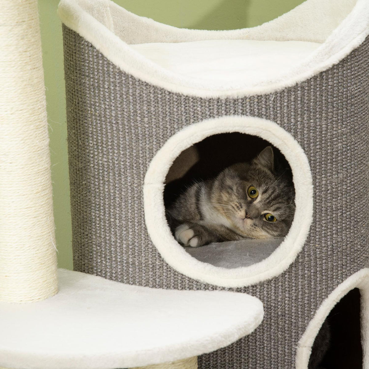 Scratching Post 109Cm Cat Tree With Scratching Barrel & Cat Bed, Sisal Columns, White + Gray