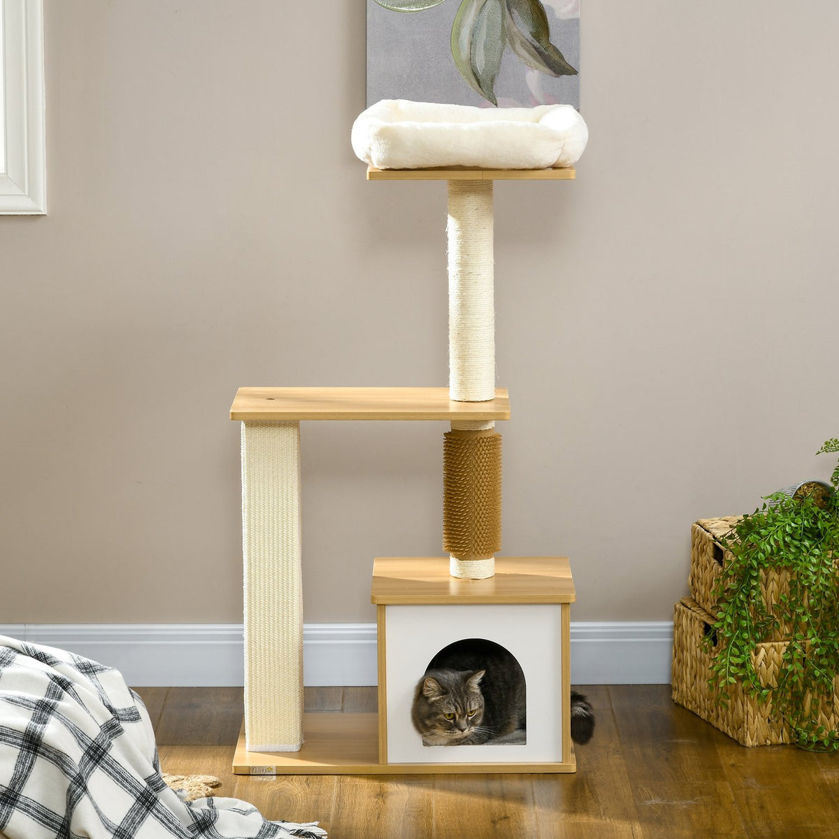 Scratching Post 114Cm Multi-Tier Cat Tree With Cat Cave & Tickle Column, For Cats Up To 5Kg, Oak