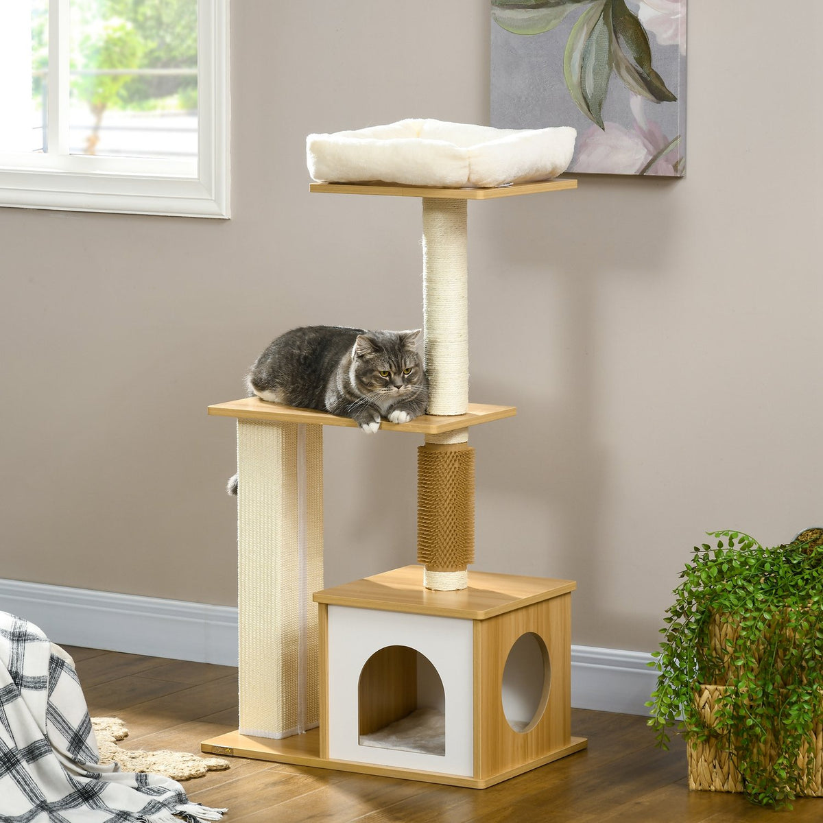 Scratching Post 114Cm Multi-Tier Cat Tree With Cat Cave & Tickle Column, For Cats Up To 5Kg, Oak