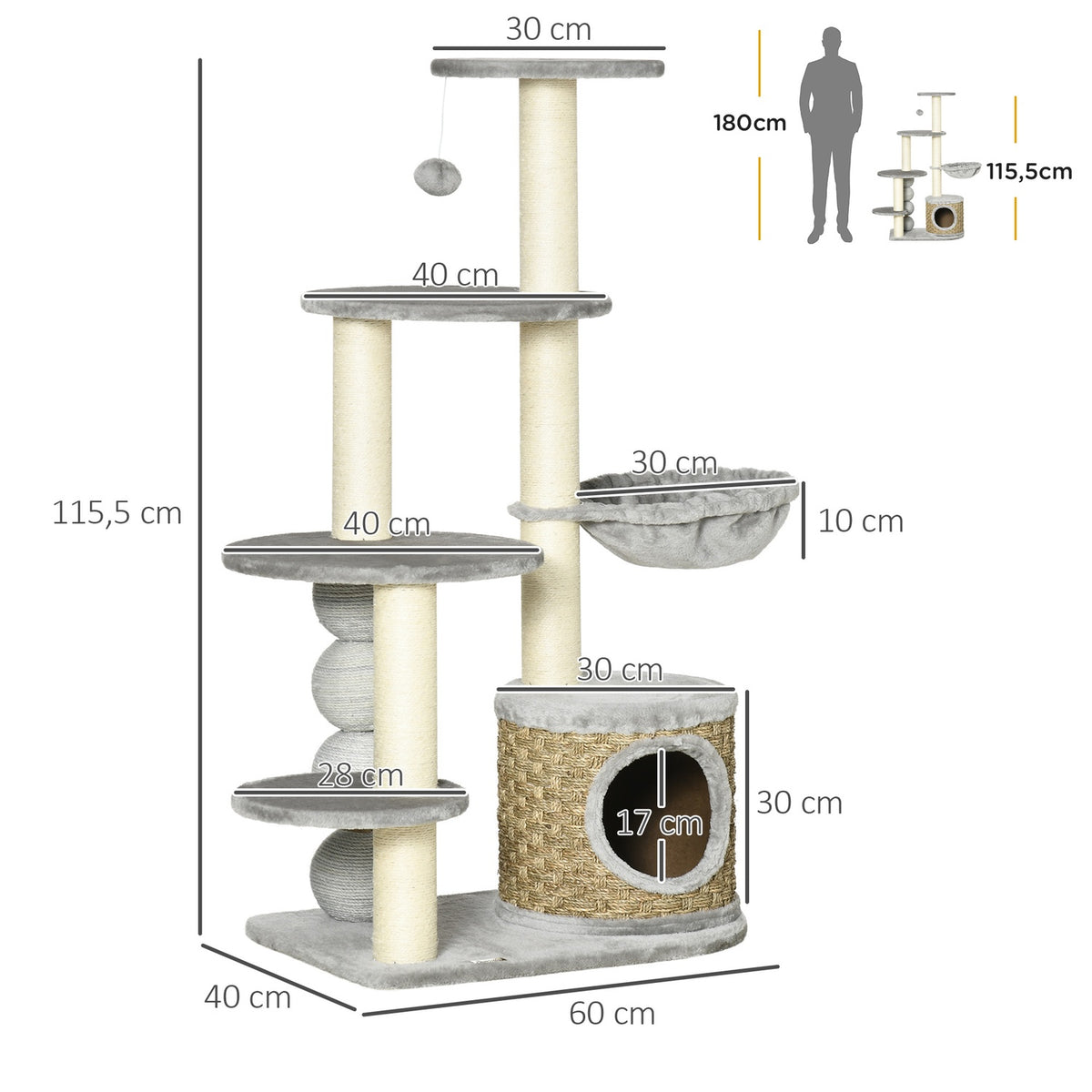 Scratching Post 115.5Cm Cat Tree With Cat Cave & Hammock, Jute Posts, Light Gray