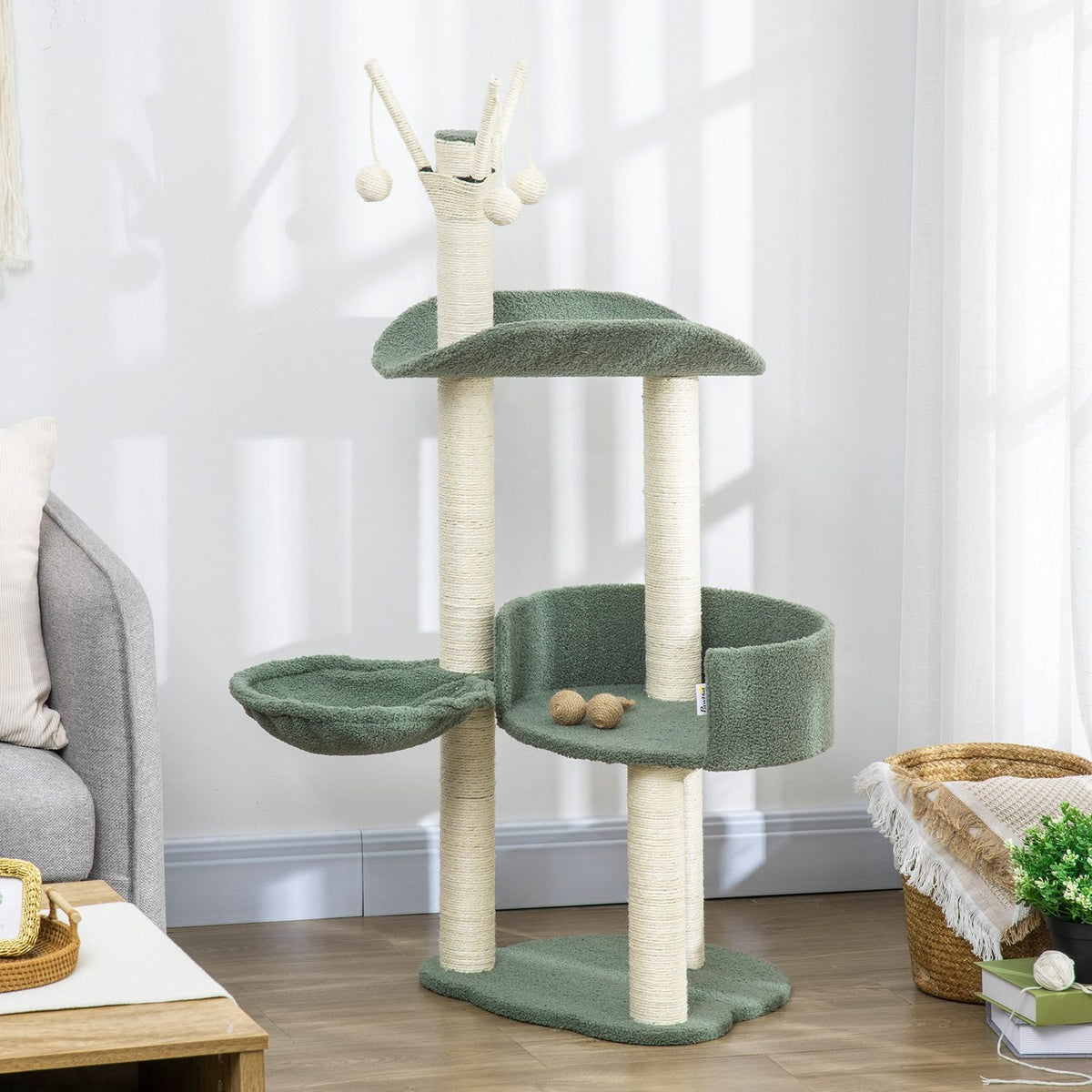 Scratching Post 123H Cm Climbing Tree With Lounger Basket & Play Ball, Sisal Column, Chipboard, Green + Cream White