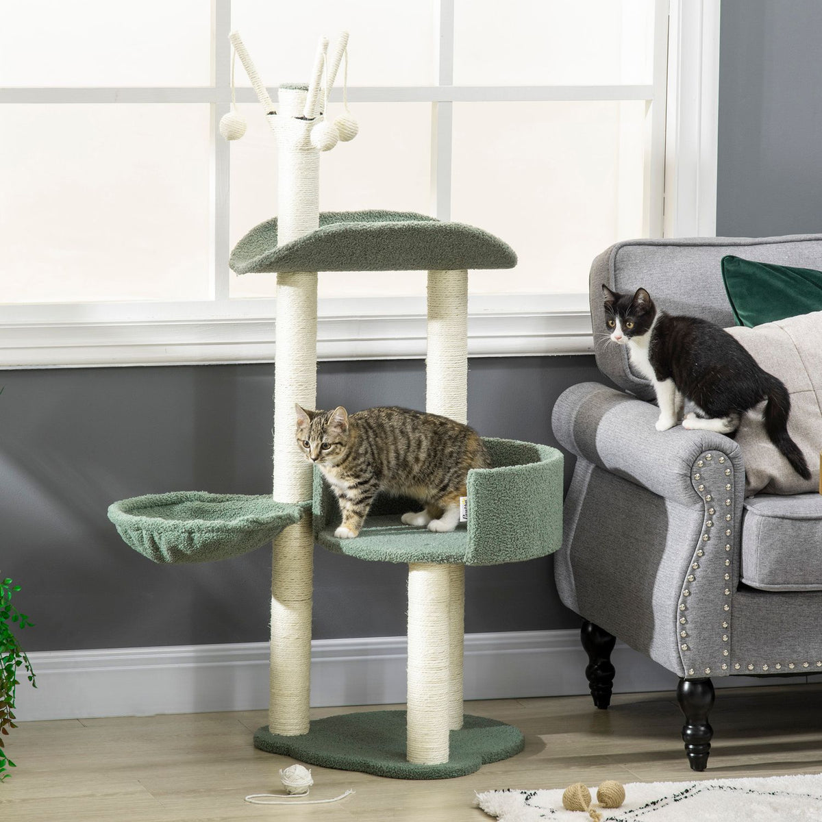 Scratching Post 123H Cm Climbing Tree With Lounger Basket & Play Ball, Sisal Column, Chipboard, Green + Cream White
