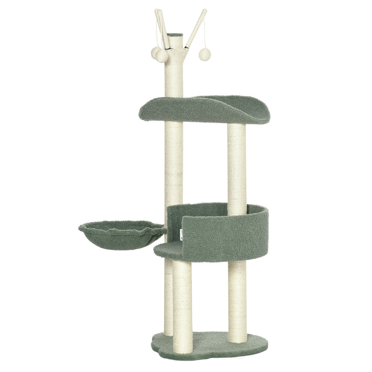 Scratching Post 123H Cm Climbing Tree With Lounger Basket & Play Ball, Sisal Column, Chipboard, Green + Cream White