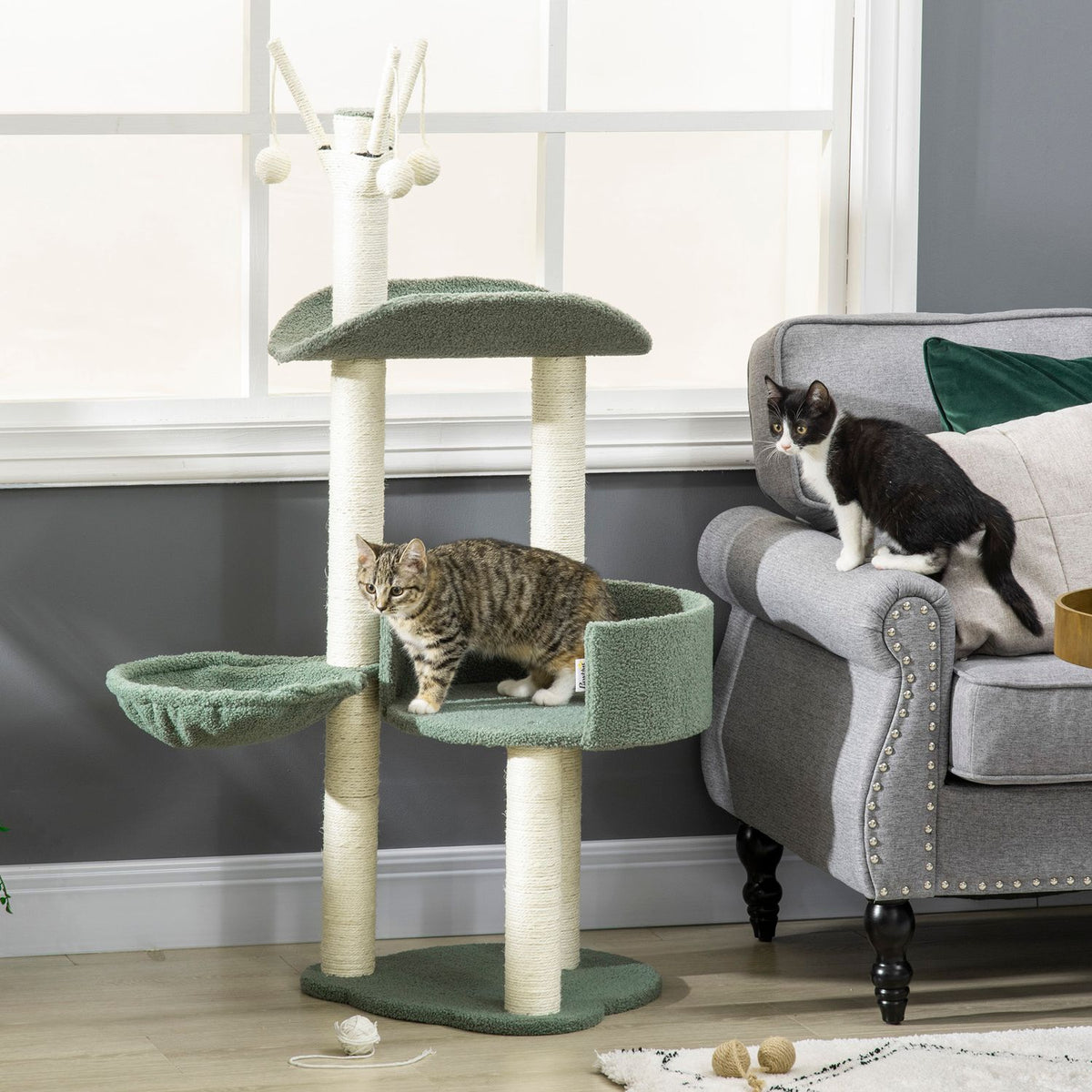 Scratching Post 123H Cm Climbing Tree With Lounger Basket & Play Ball, Sisal Column, Chipboard, Green + Cream White