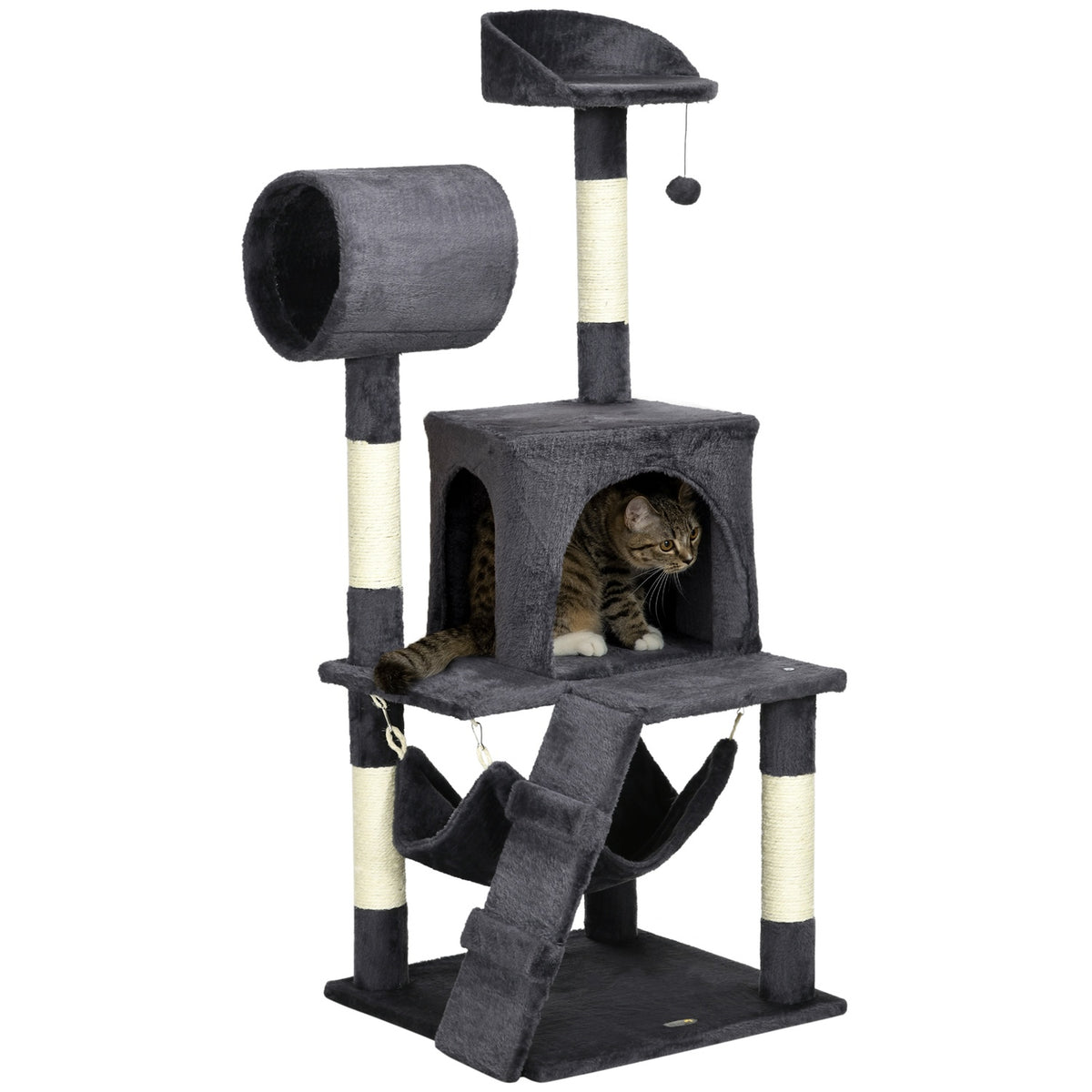 Scratching Post 125Cm With Cat House, Hammock, Toy Ball, Tunnel & Ladder, Dark Grey