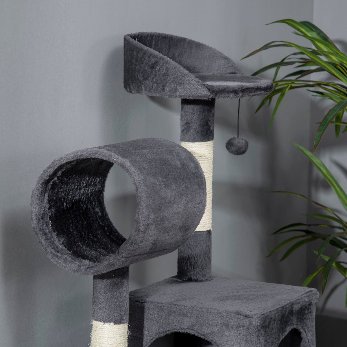 Scratching Post 125Cm With Cat House, Hammock, Toy Ball, Tunnel & Ladder, Dark Grey
