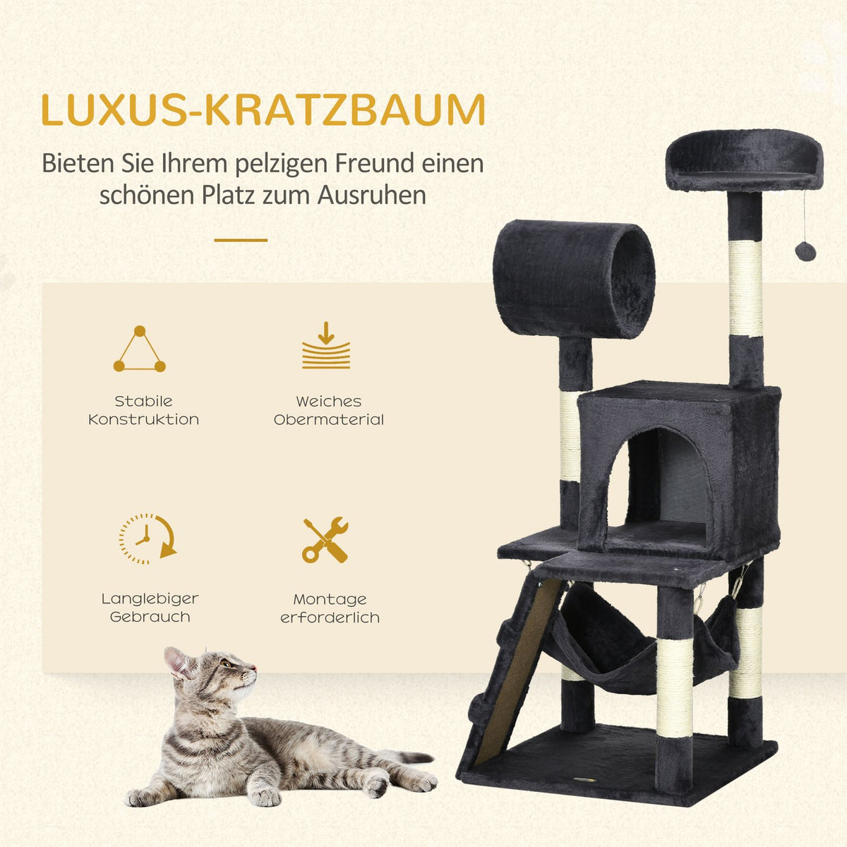 Scratching Post 125Cm With Cat House, Hammock, Toy Ball, Tunnel & Ladder, Dark Grey