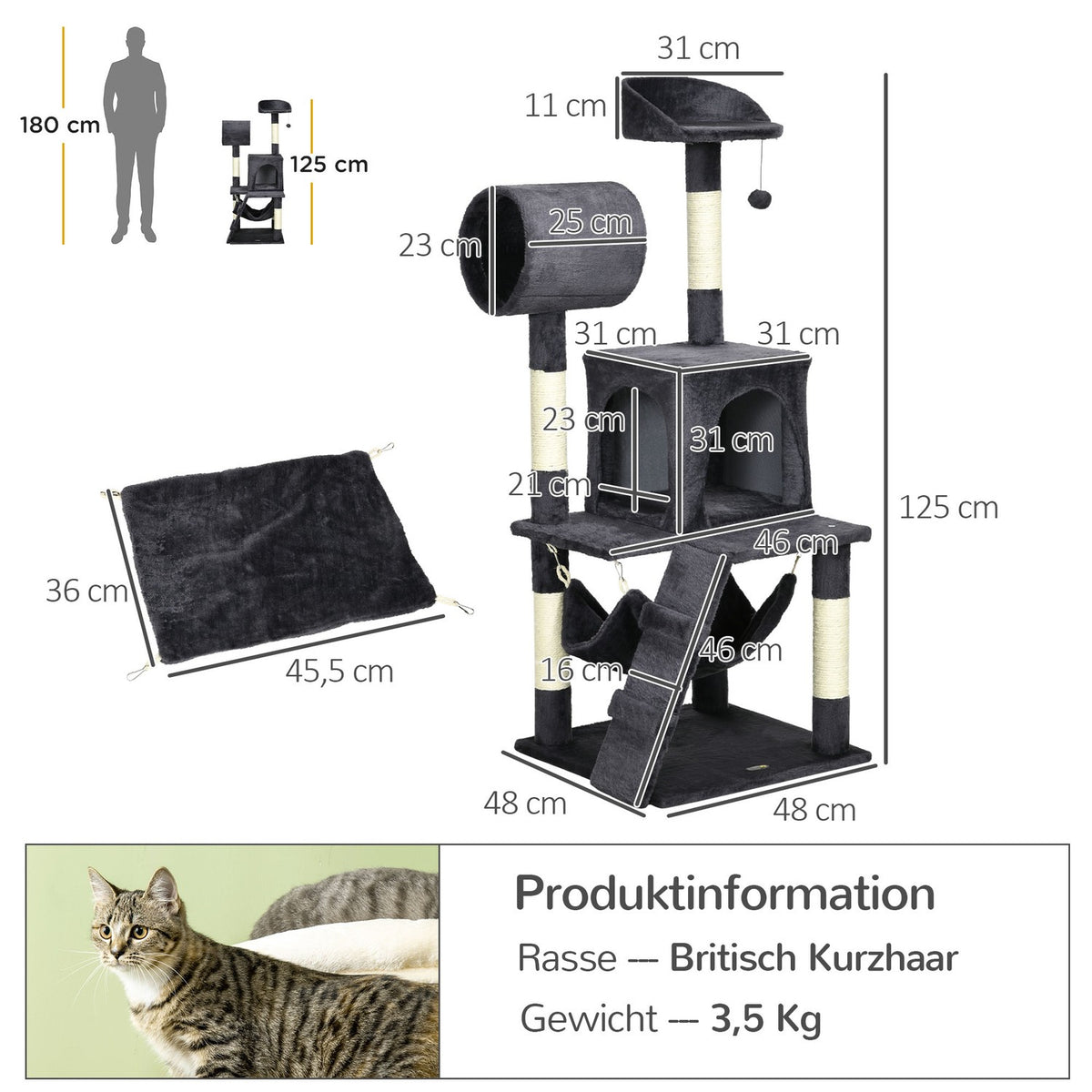 Scratching Post 125Cm With Cat House, Hammock, Toy Ball, Tunnel & Ladder, Dark Grey