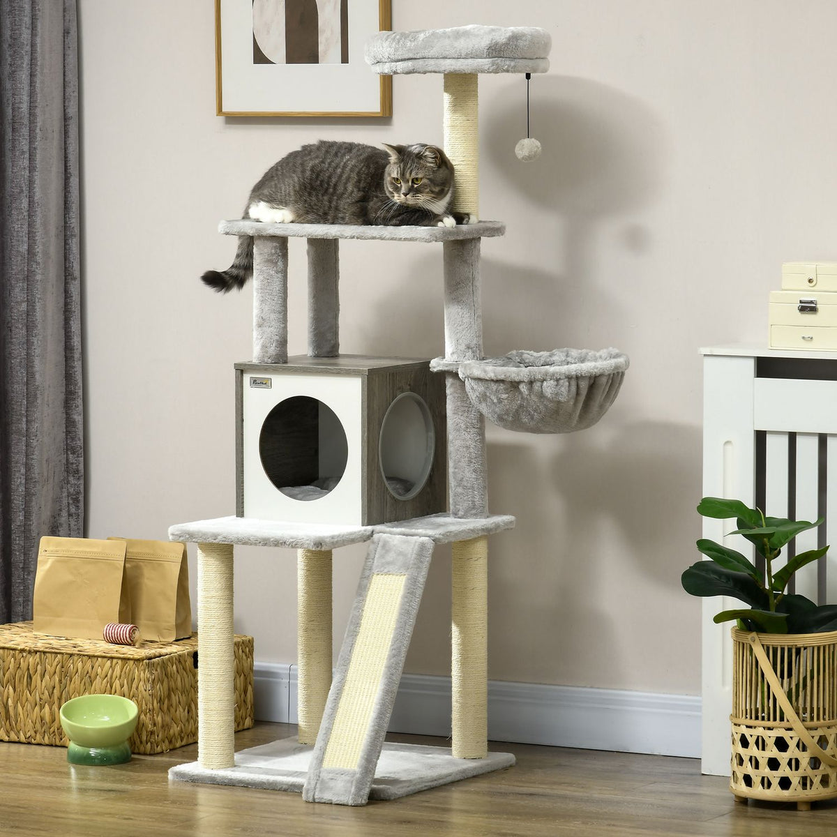 Scratching Post 141.5 Cm Cat Tree With Cat Cave, Play Ball, Hanging Bed, 2 Platforms, Sisal