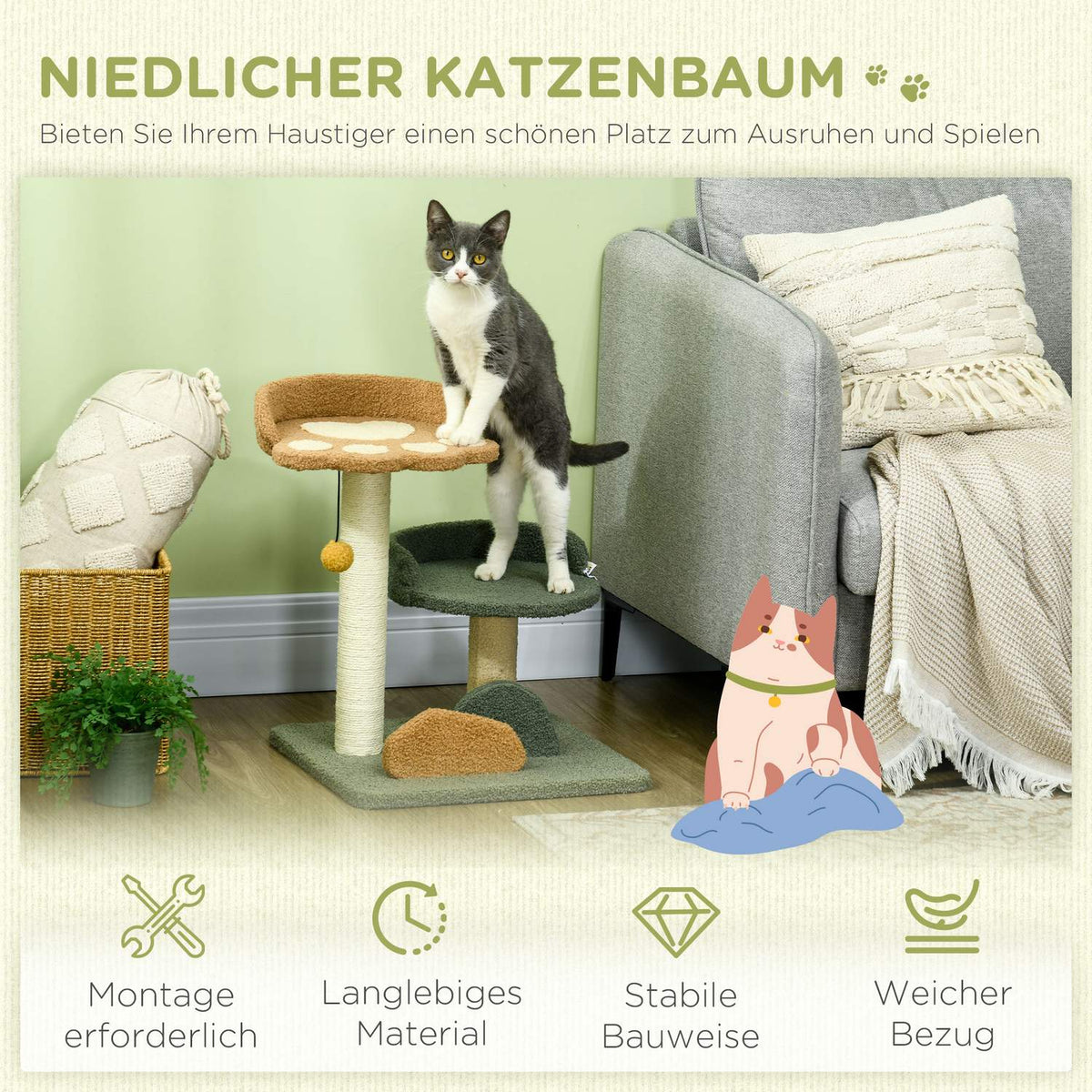 Scratching Post 52 Cm Cat Scratching Post With 2 Levels, Toy Ball, Sisal, For Indoor