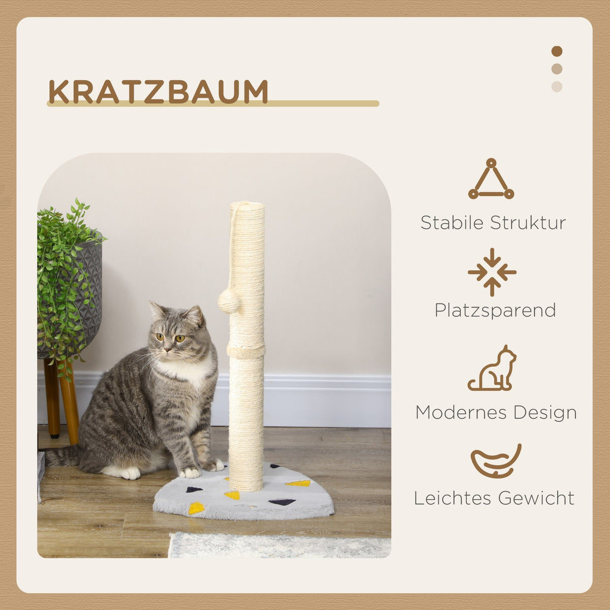 Scratching Post 62Cm Jute Scratching Post With Scratching Ball, In Light Gray + Beige, Ideal For Indoor Use, For Cats