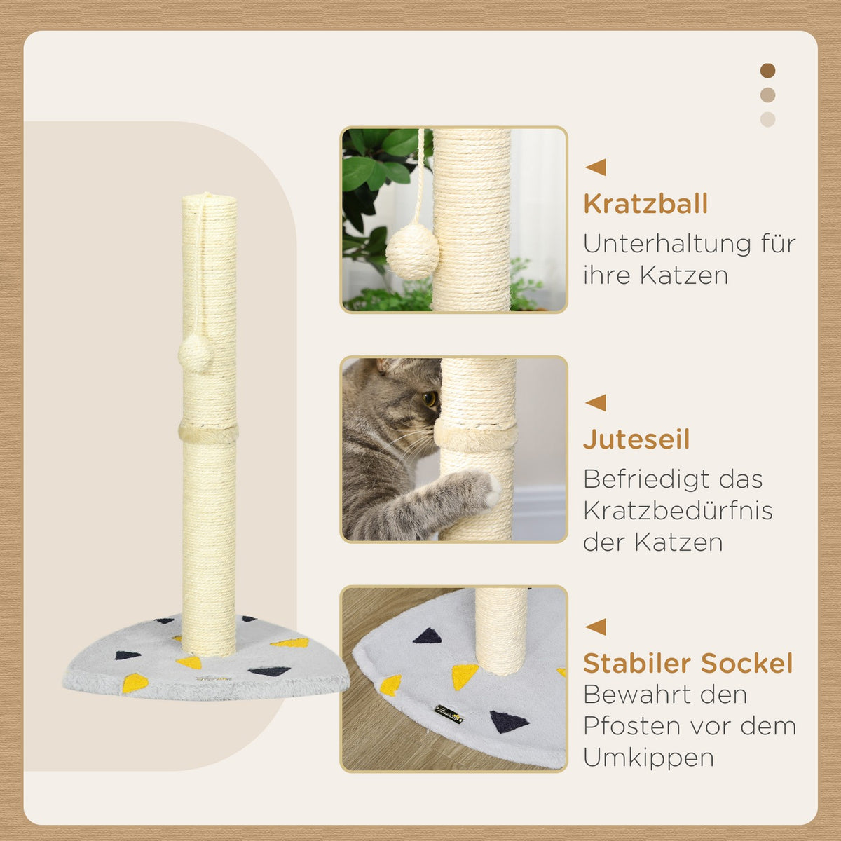 Scratching Post 62Cm Jute Scratching Post With Scratching Ball, In Light Gray + Beige, Ideal For Indoor Use, For Cats