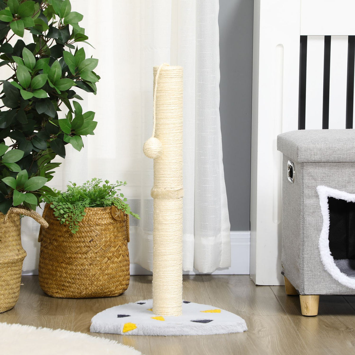Scratching Post 62Cm Jute Scratching Post With Scratching Ball, In Light Gray + Beige, Ideal For Indoor Use, For Cats