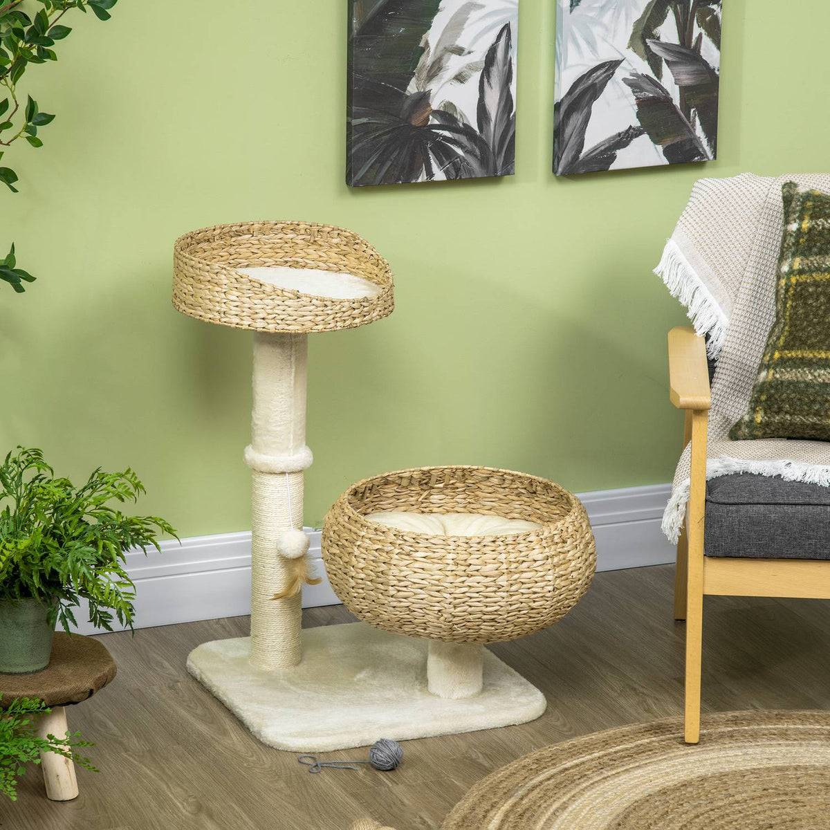 Scratching Post 72 Cm High Climbing Tree With 2 Cat Beds & Play Ball, Sisal Columns, Beige + Cream White