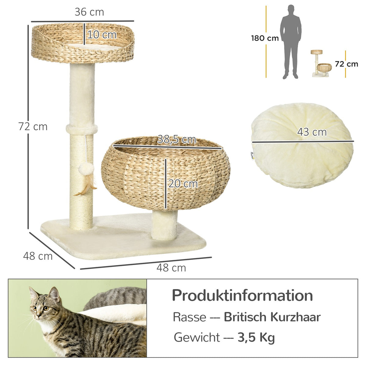 Scratching Post 72 Cm High Climbing Tree With 2 Cat Beds & Play Ball, Sisal Columns, Beige + Cream White