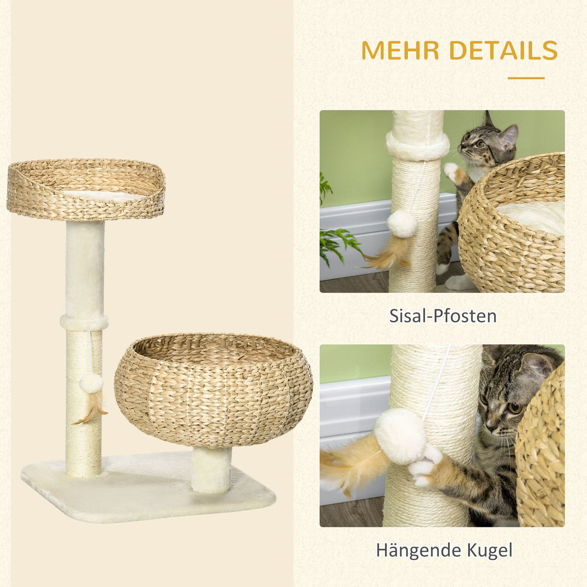 Scratching Post 72 Cm High Climbing Tree With 2 Cat Beds & Play Ball, Sisal Columns, Beige + Cream White