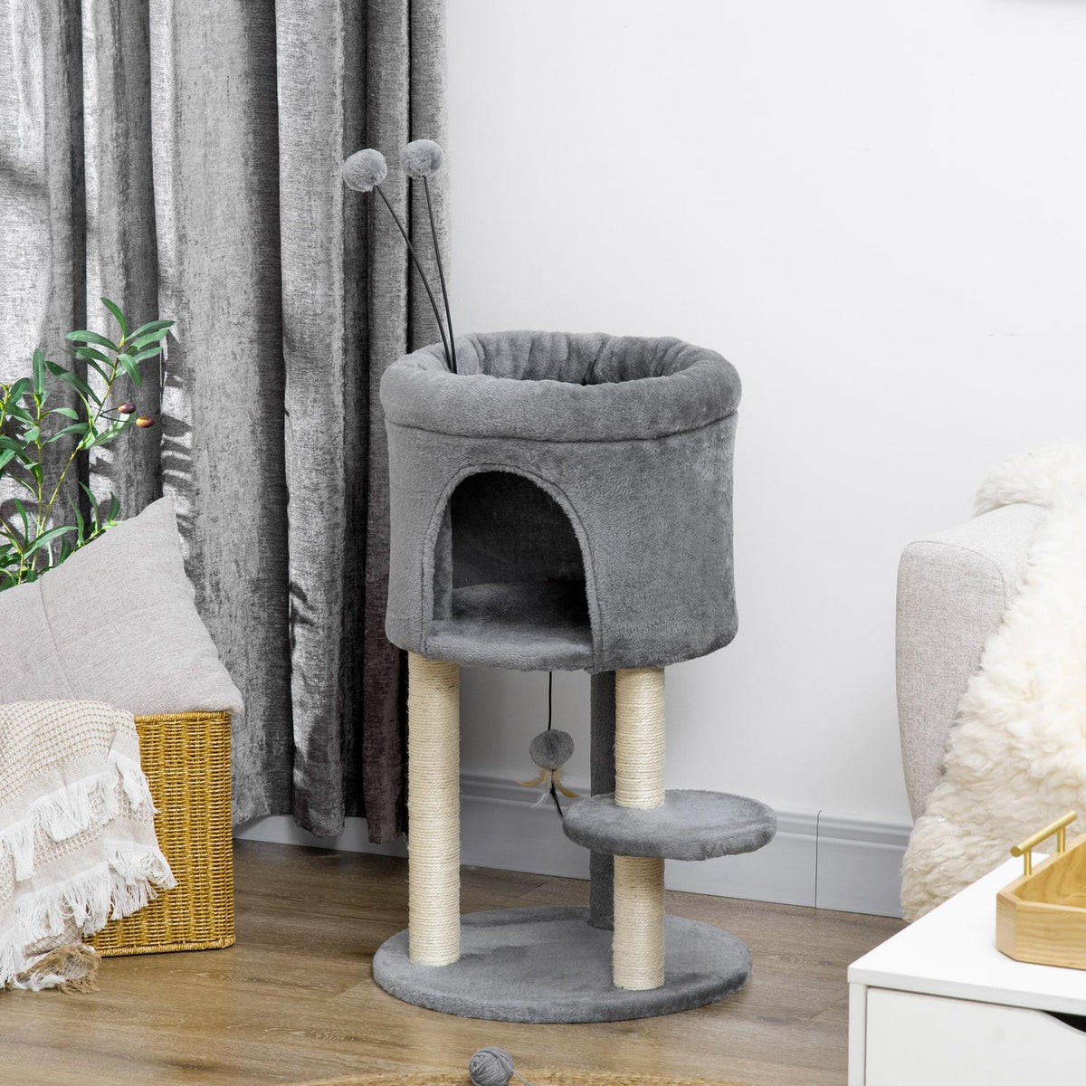 Scratching Post 73.5H Cm Cat Tree With Cat Cave And Toy Ball Climbing Tree Sisal Column Cat Toy Plush Gray + Cream White