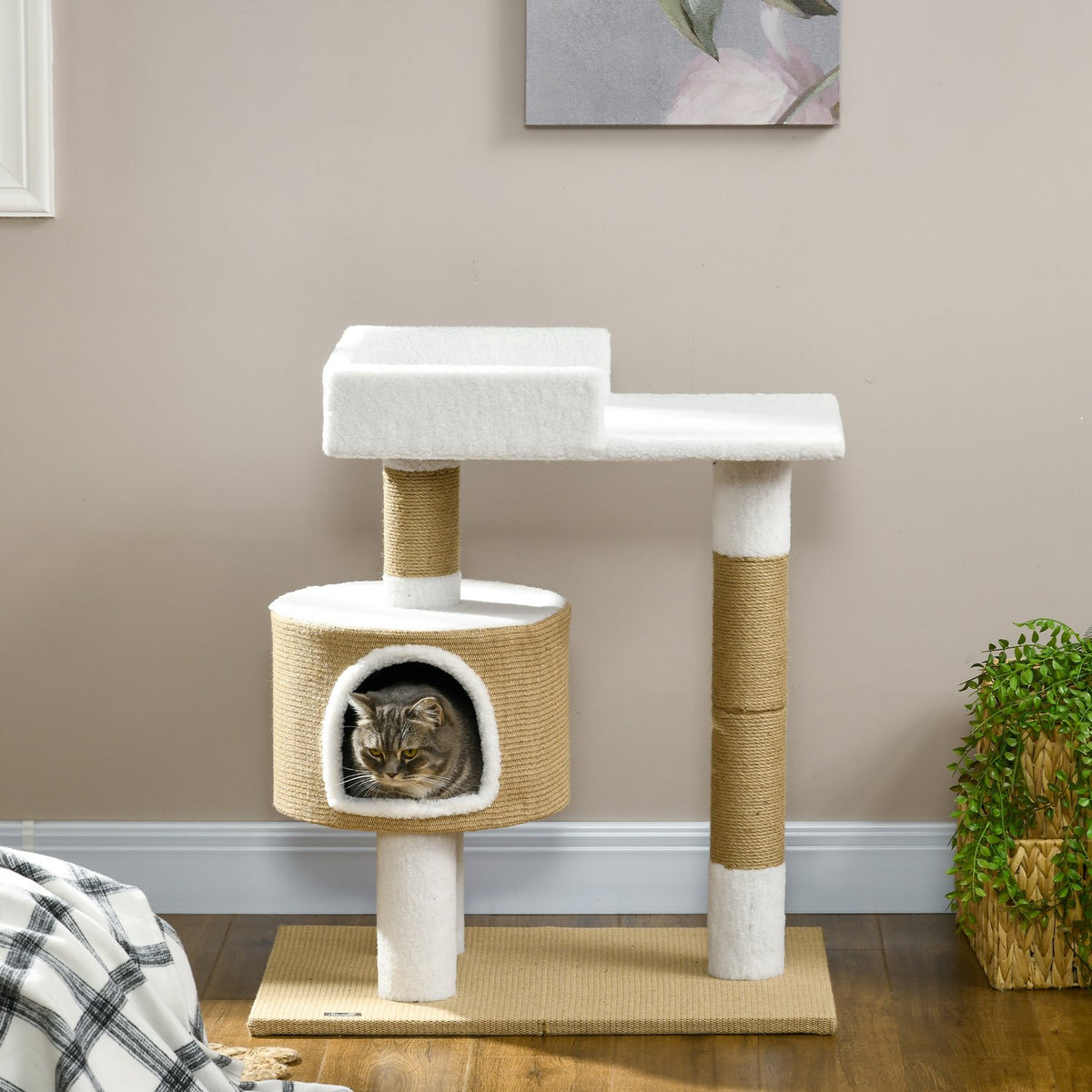 Scratching Post 79Cm Small Cat Tree With Cat Cave & Lying Area, For Cats Up To 8Kg, Jute, Brown/White