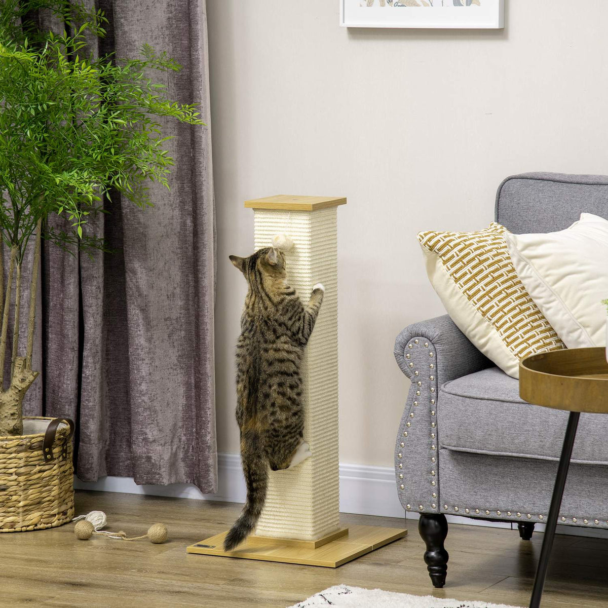 Scratching Post 80Cm High Scratching Post With Play Ball, Sisal Rope Scratching Post, Scratching Board, In Oak + Cream White, For Cats