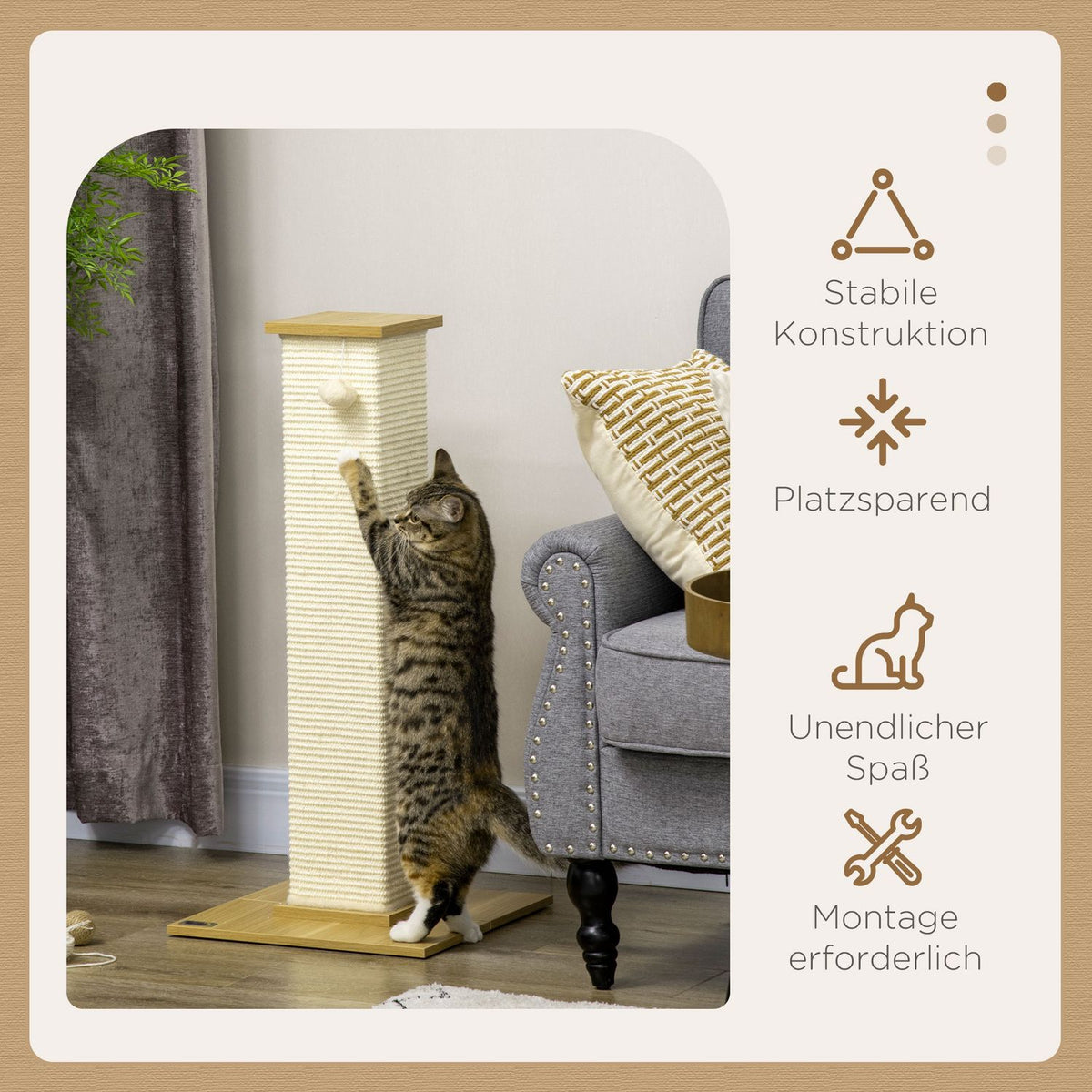 Scratching Post 80Cm High Scratching Post With Play Ball, Sisal Rope Scratching Post, Scratching Board, In Oak + Cream White, For Cats