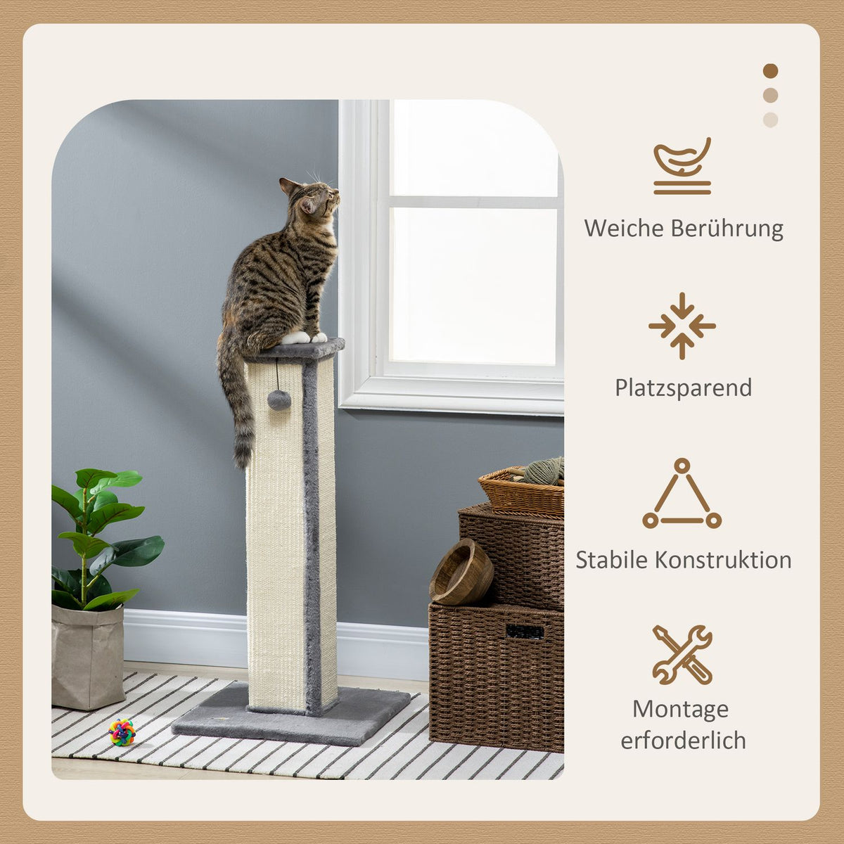 Scratching Post 81Cm High Scratching Post Made Of Sisal With Play Ball, Ideal For Cats Up To 5Kg, Indoor Use, In Gray And Cream