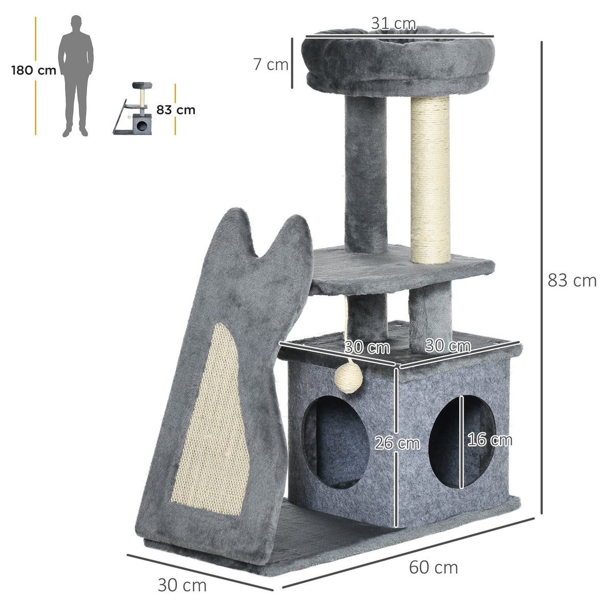 Scratching Post 83H Cm Cat Tree With Scratching Board & Cat Cave, Climbing Tree With Platforms & Ramp, Cat Toy, Grey+Cream White
