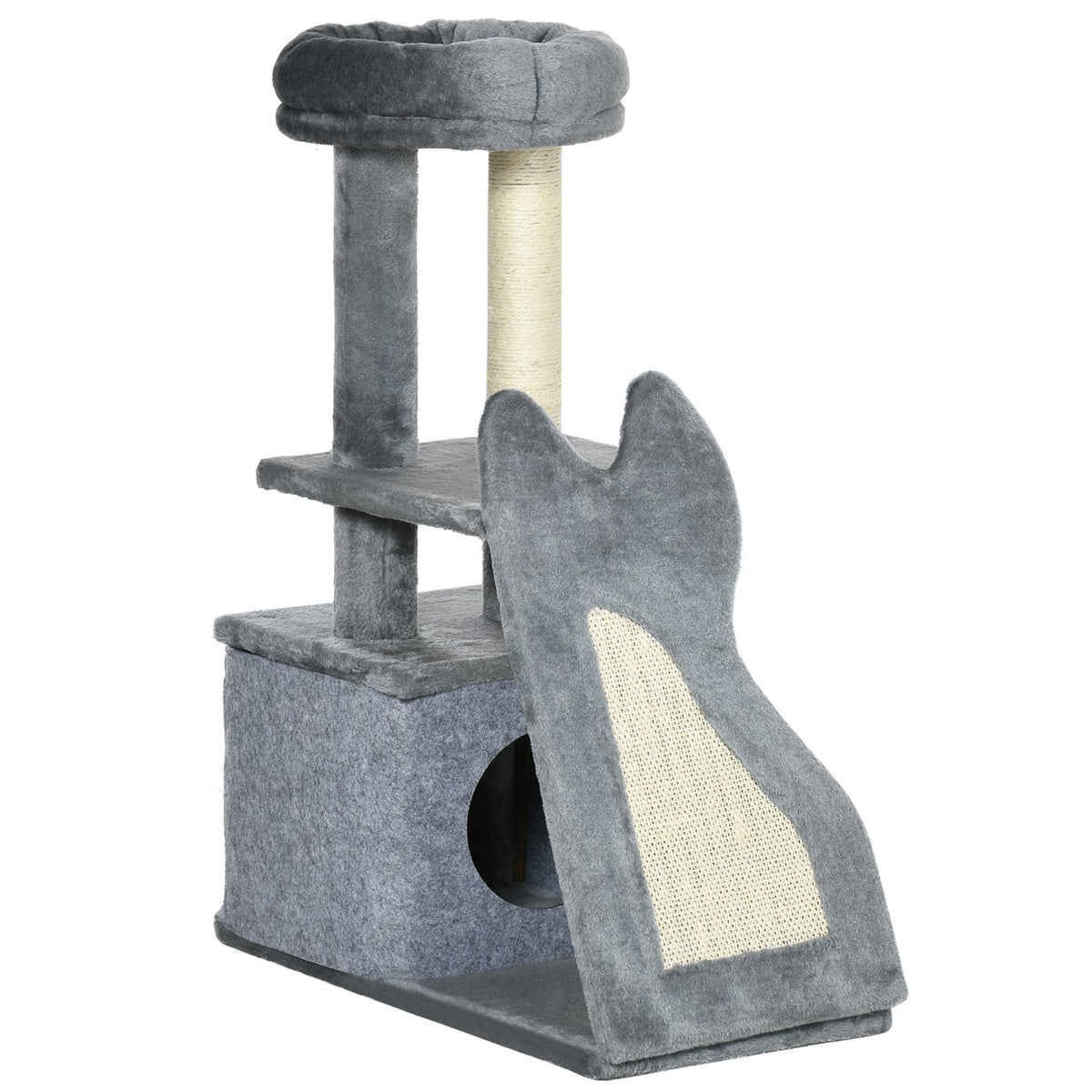Scratching Post 83H Cm Cat Tree With Scratching Board & Cat Cave, Climbing Tree With Platforms & Ramp, Cat Toy, Grey+Cream White