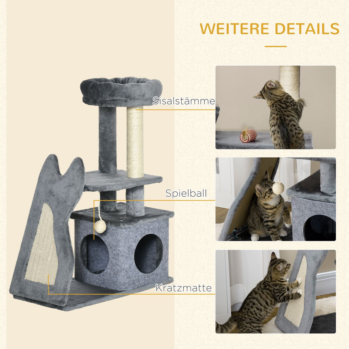 Scratching Post 83H Cm Cat Tree With Scratching Board & Cat Cave, Climbing Tree With Platforms & Ramp, Cat Toy, Grey+Cream White