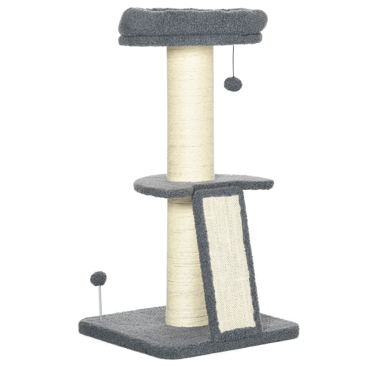 Scratching Post 92H Cm Climbing Tree With Scratching Board & Play Ball, Thick Sisal Column, Imitation Lambskin, Dark Gray + Cream White
