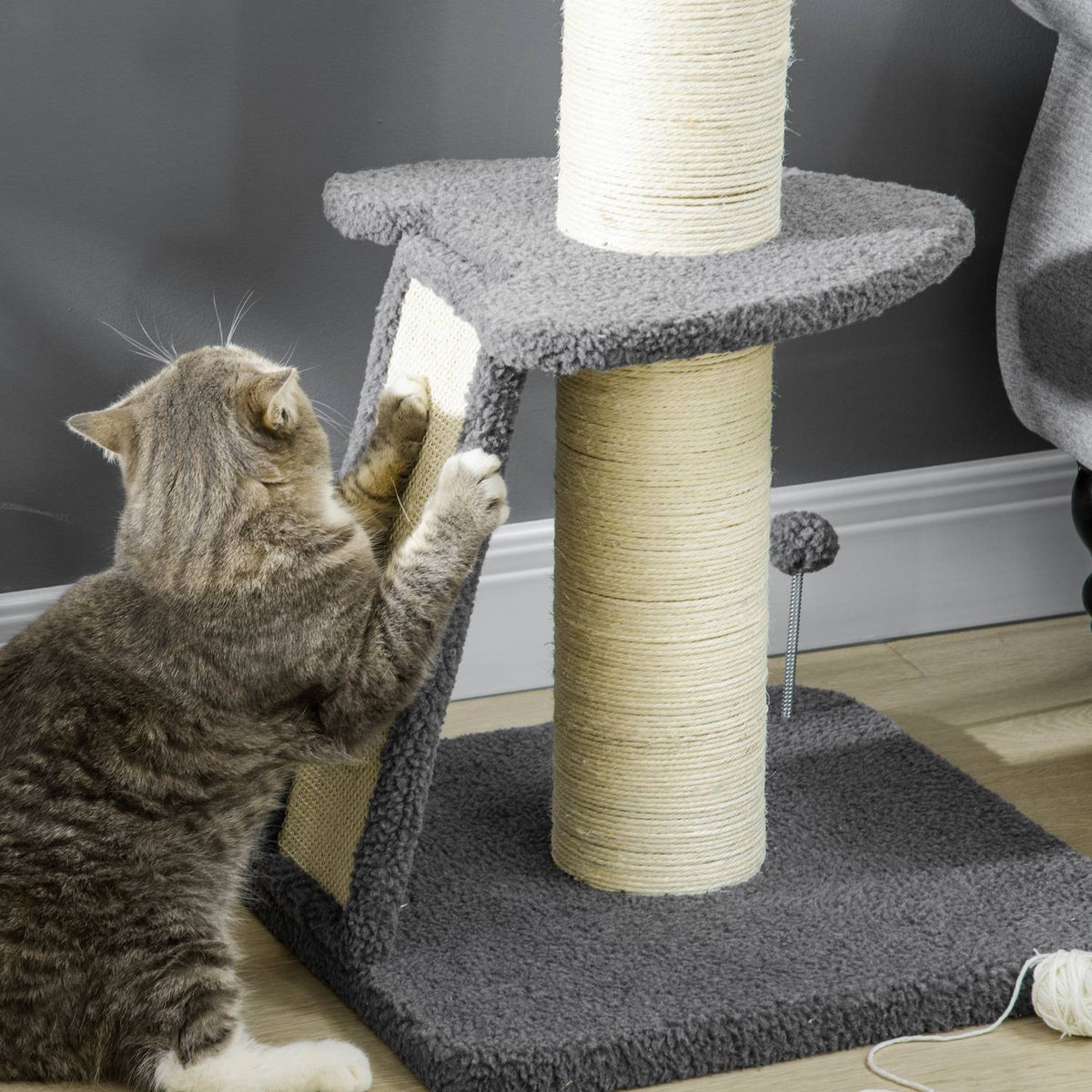 Scratching Post 92H Cm Climbing Tree With Scratching Board & Play Ball, Thick Sisal Column, Imitation Lambskin, Dark Gray + Cream White