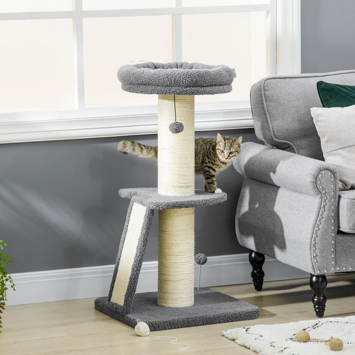 Scratching Post 92H Cm Climbing Tree With Scratching Board & Play Ball, Thick Sisal Column, Imitation Lambskin, Dark Gray + Cream White