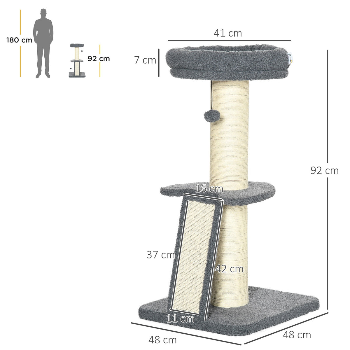 Scratching Post 92H Cm Climbing Tree With Scratching Board & Play Ball, Thick Sisal Column, Imitation Lambskin, Dark Gray + Cream White