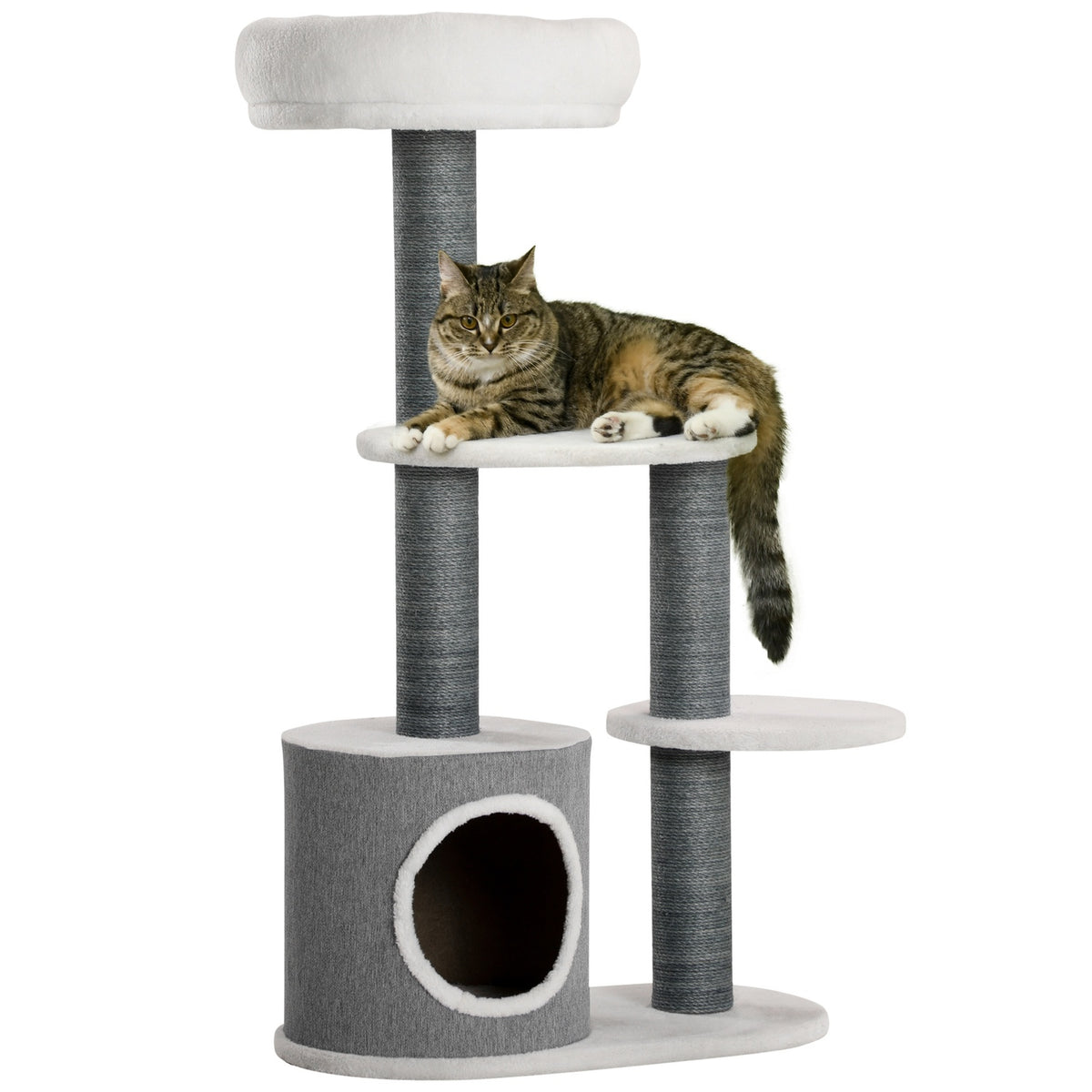 Scratching Post 98Cm Stable Cat Tree With Scratching Board & Cat Cave, 3 Platforms, Cat Furniture In Grey+White