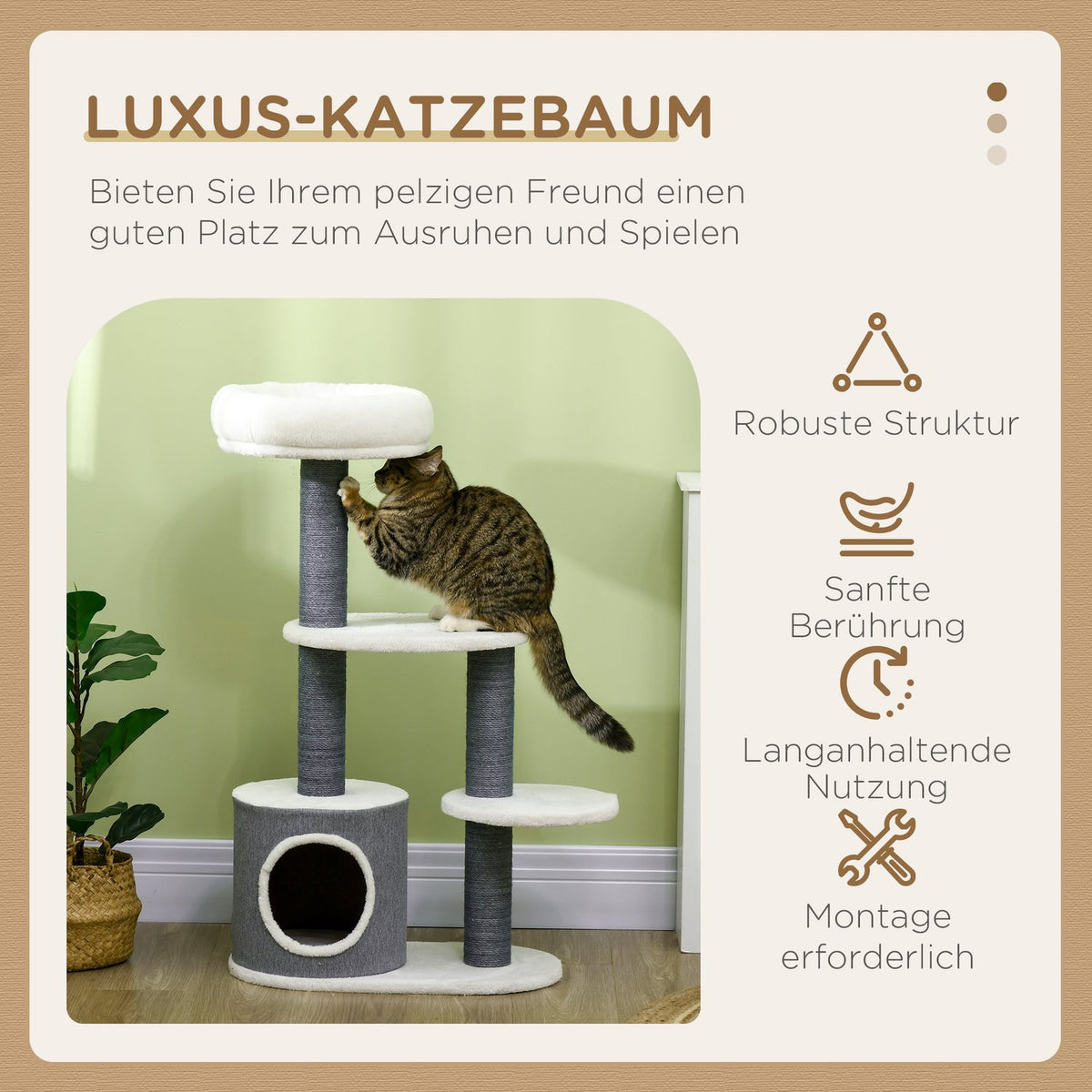 Scratching Post 98Cm Stable Cat Tree With Scratching Board & Cat Cave, 3 Platforms, Cat Furniture In Grey+White