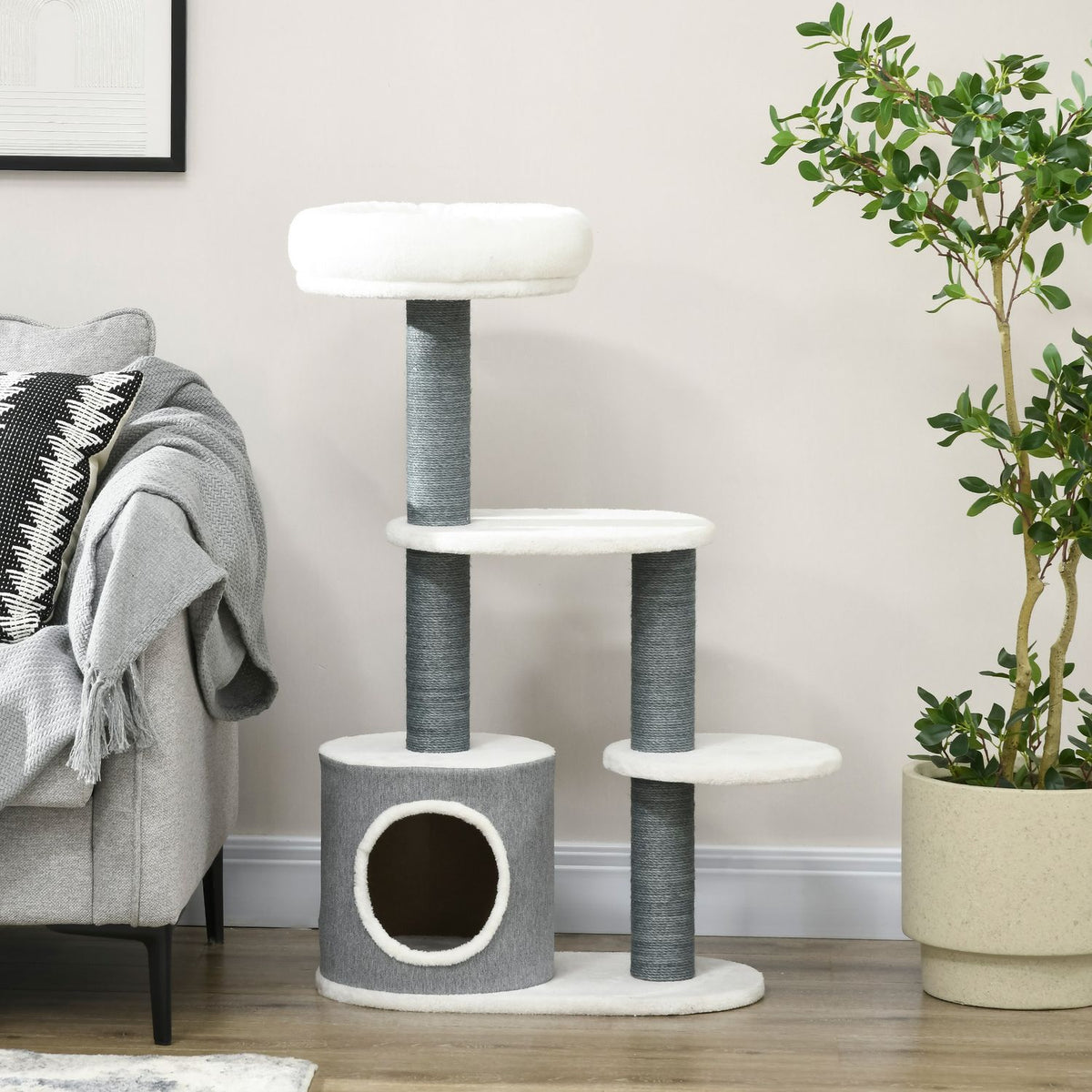 Scratching Post 98Cm Stable Cat Tree With Scratching Board & Cat Cave, 3 Platforms, Cat Furniture In Grey+White