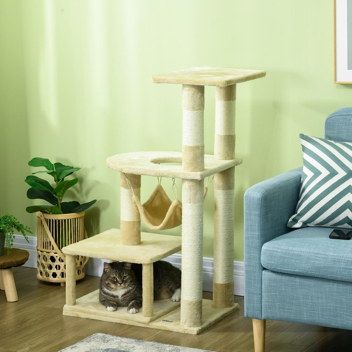 Scratching Post 99Cm Cozy Cat Tree With Hanging Bed & Cat Cave, 2 Platforms, For Cats, Plush, Beige