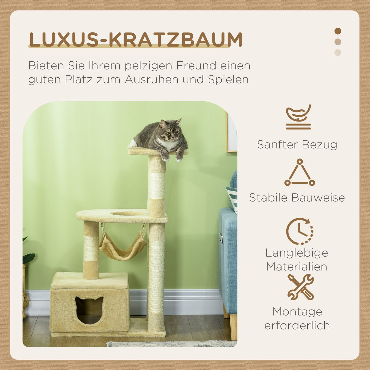 Scratching Post 99Cm Cozy Cat Tree With Hanging Bed & Cat Cave, 2 Platforms, For Cats, Plush, Beige