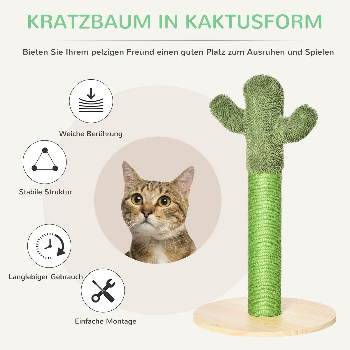 Scratching Post Cactus Design Scratching Posts For Cats, Pine Wood & Sisal Rope, Toy, 65Cm, Green+Natural