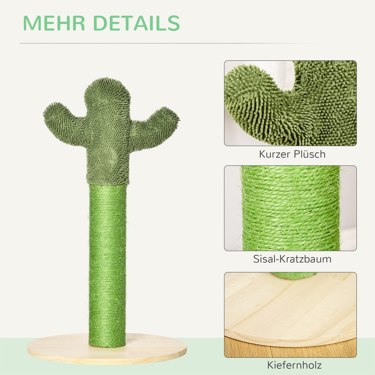 Scratching Post Cactus Design Scratching Posts For Cats, Pine Wood & Sisal Rope, Toy, 65Cm, Green+Natural