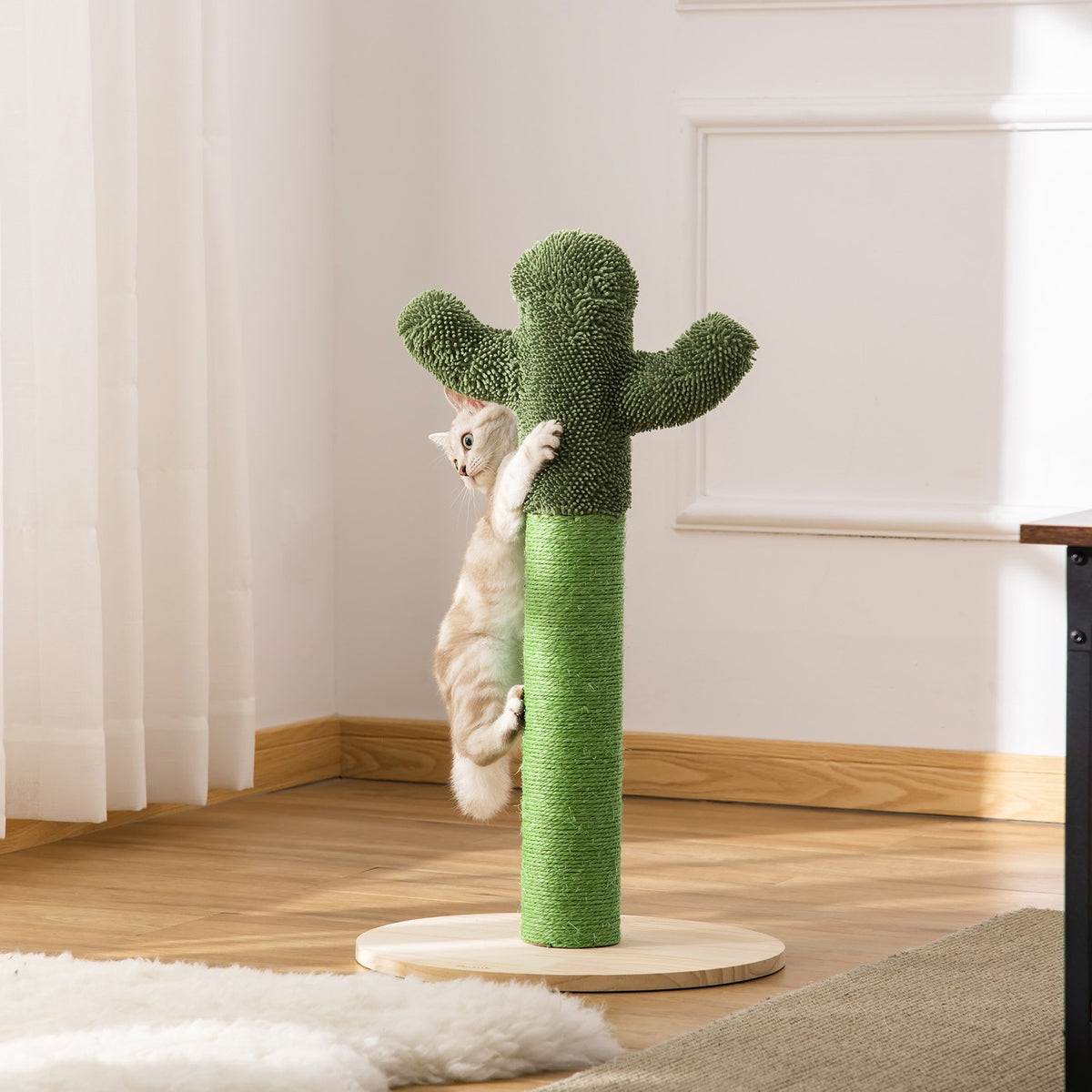 Scratching Post Cactus Design Scratching Posts For Cats, Pine Wood & Sisal Rope, Toy, 65Cm, Green+Natural