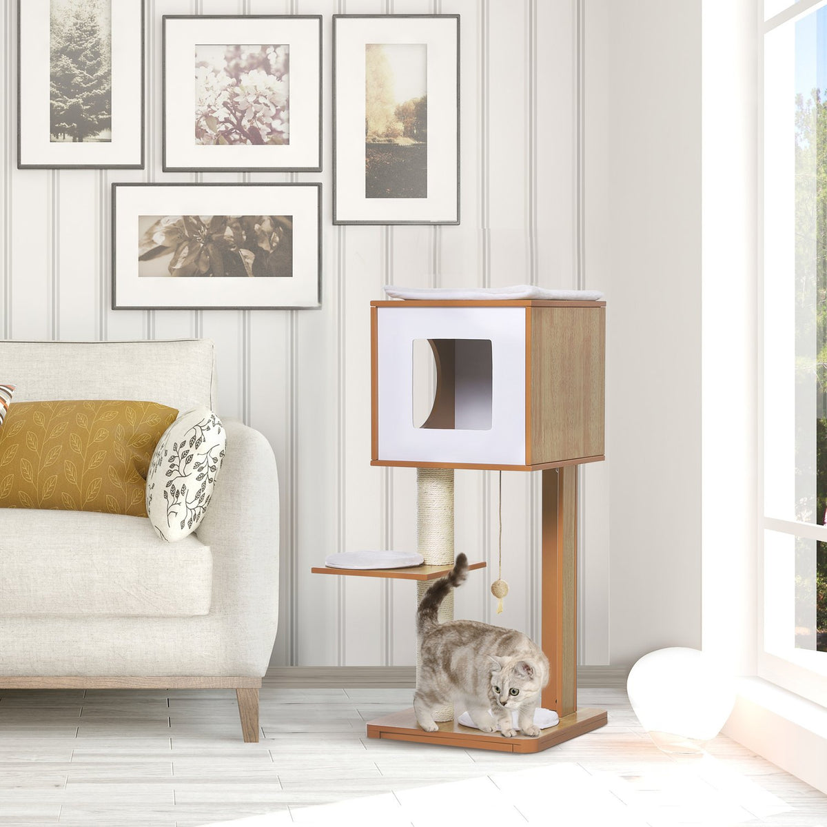 Scratching Post Cat Furniture With Cave & Sisal Posts, 4 Cushions, Mdf, 50X40X91 Cm